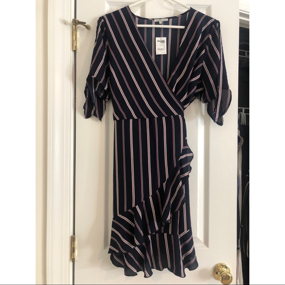 NEW:Navy blue wt rose&white striped wrap dress